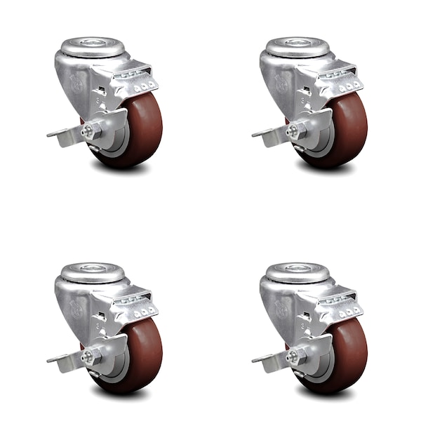 3 Inch Maroon Polyurethane Wheel Swivel Bolt Hole Caster Set with Brake SCC